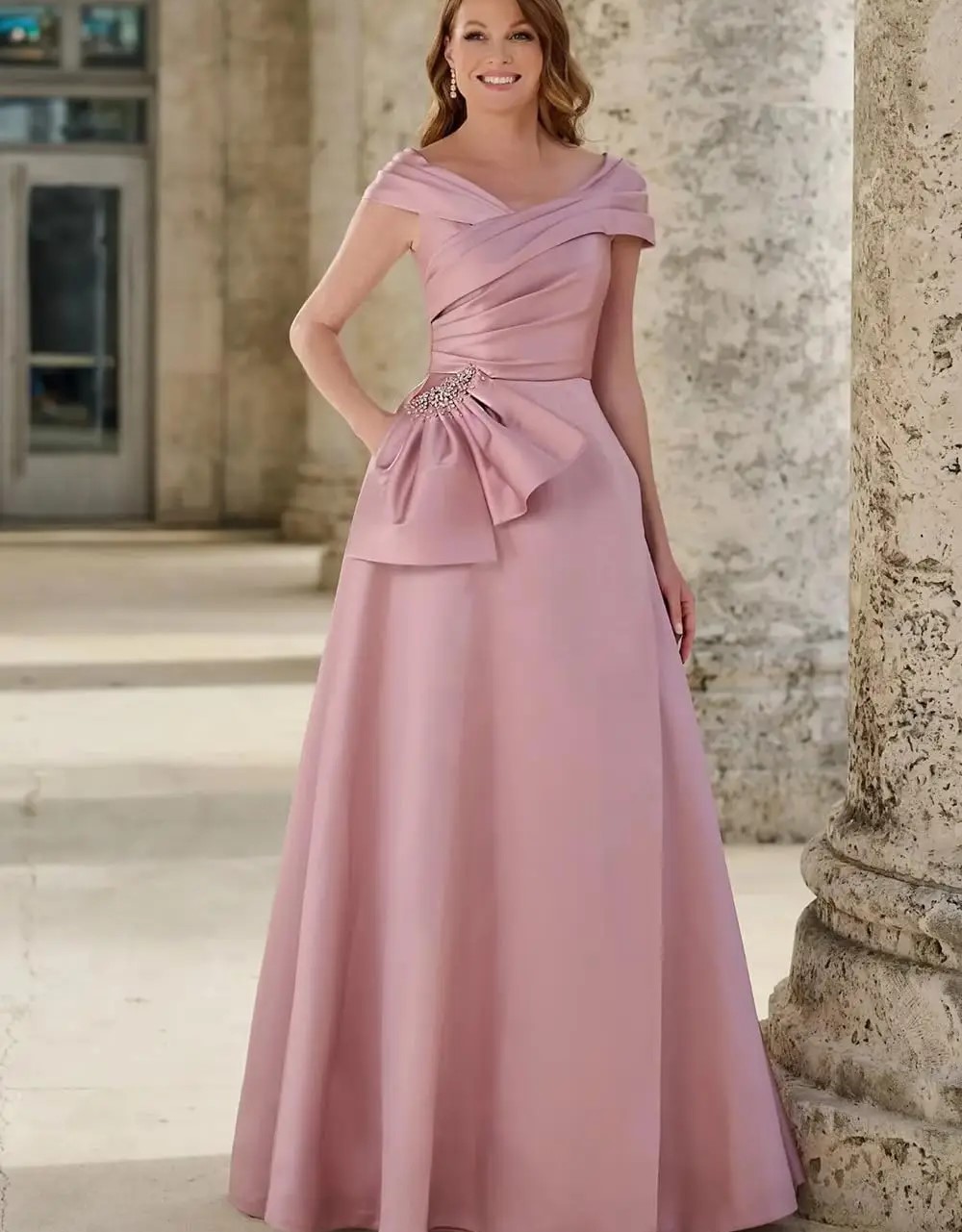 Elegant Pink A Line Mother of The Bride Dress for Women Off The Shoulder Beads Sequin Long Satin Formal Evening Party Gown Dresses