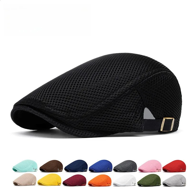 Perforated mesh bucket hat breathable beret womens Korean style trendy sun hat solid color front hat260618