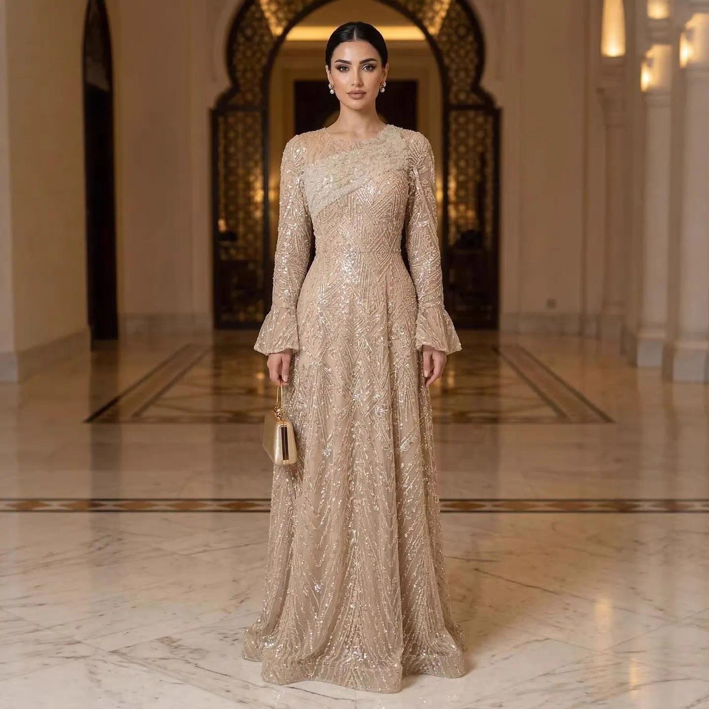 dubai nude beading aline evening dresses long sleeves elegant gown for women party prom gowns custom made color size robe de soiree