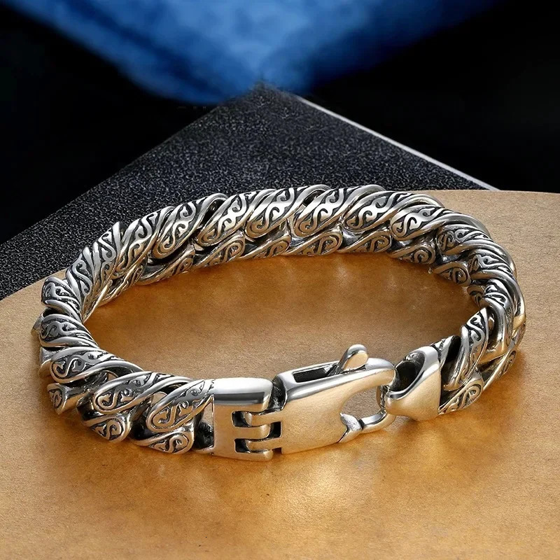 Factory Price Stylish silver bold personality Tang grass pattern mens retro hip hop style bracelet jewelry gift 260624