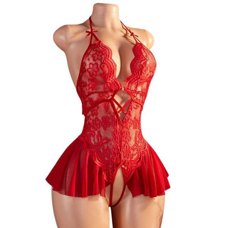 Red Crotchless Sexy Women Hollow Lace Bra Sets Erotic Costumes Teddy Babydoll Dress Underwear Deep V Porn Backless Lingerie Set D260625