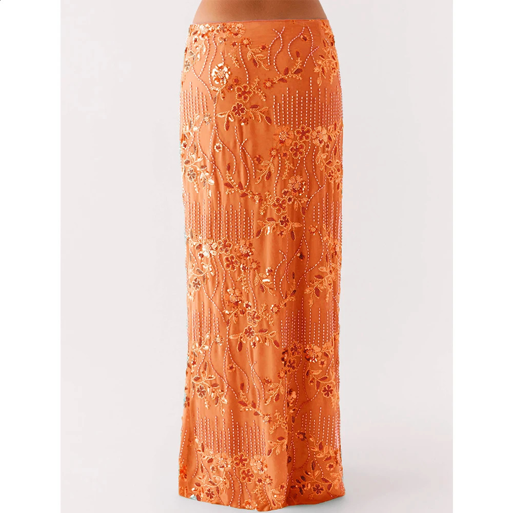 Women Sequins Sexy Maxi Skirts Summer y2k Pearl Embellished Glitter Low Waist Elegant Clubwear Sparkle Bodycon Long Skirts 260624BJ