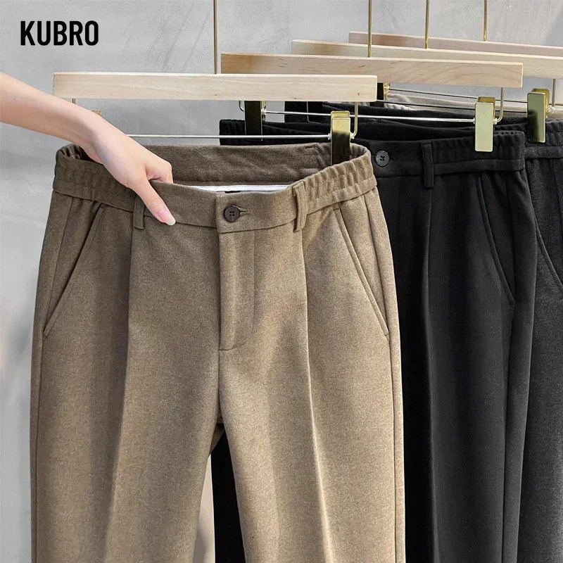 Autumn Winter Suit Pants Men Thick Business Elastic Waist Classic Grey Brown Woolen Straight Korean Formal Trousers Male 28-38 260624