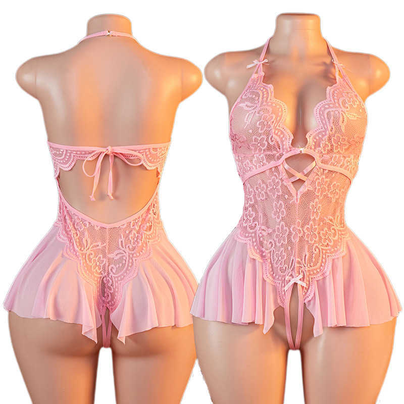 Lace Sexy Flower Print Semi Transparent Crotchless Womens Lingerie Bodysuit Deep V Neckband One-piece Dress Exotic Clothing D260625