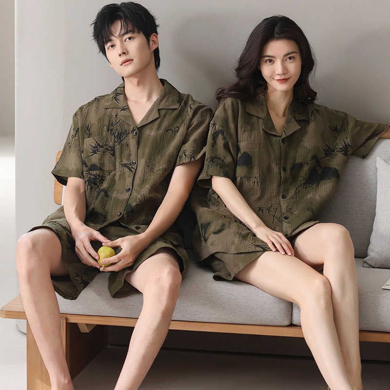 Summer Couples Cotton Sleepwear for Cardigan Short Sleeves Sleeping Top Pant Women and Men Matching Pjs Pyjamas Hombre Mujer M260625