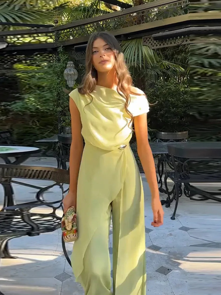 Women Pant Asymmetric One Shoulder Jumpsuit Chiffon Draped Overlay Wide Leg Pants Elegant Formal Party Casual Outfit For Ladies 260625