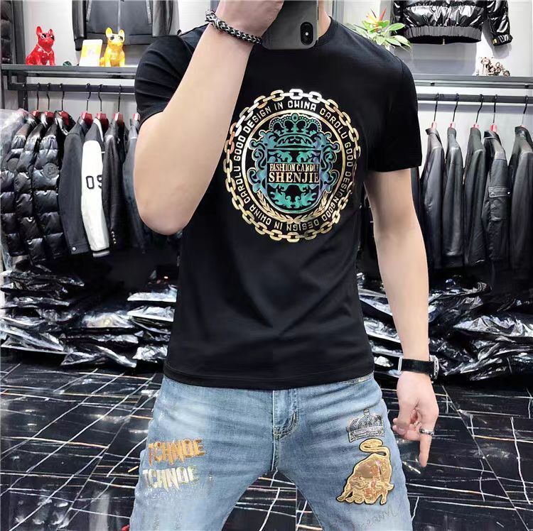 Summer New Men's Short-Sleeve T-Shirt With Gold-Printed Design, Fashionable And Trendy, Silky Cotton, Round Neck, Slim Fit Men Round-Neck Pullo