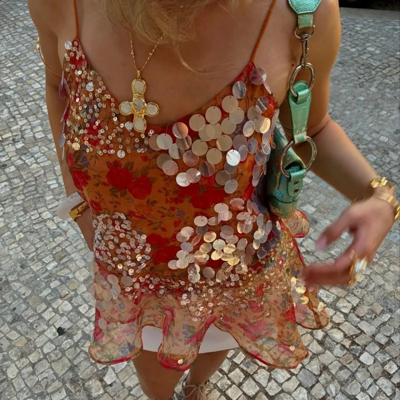 Y2k Floral Sequin Patchwork Crop Tops for Women Sparkly Strappy Tank Tops Sexy V Neck Top Concert Outfits Party Beachwear 260625