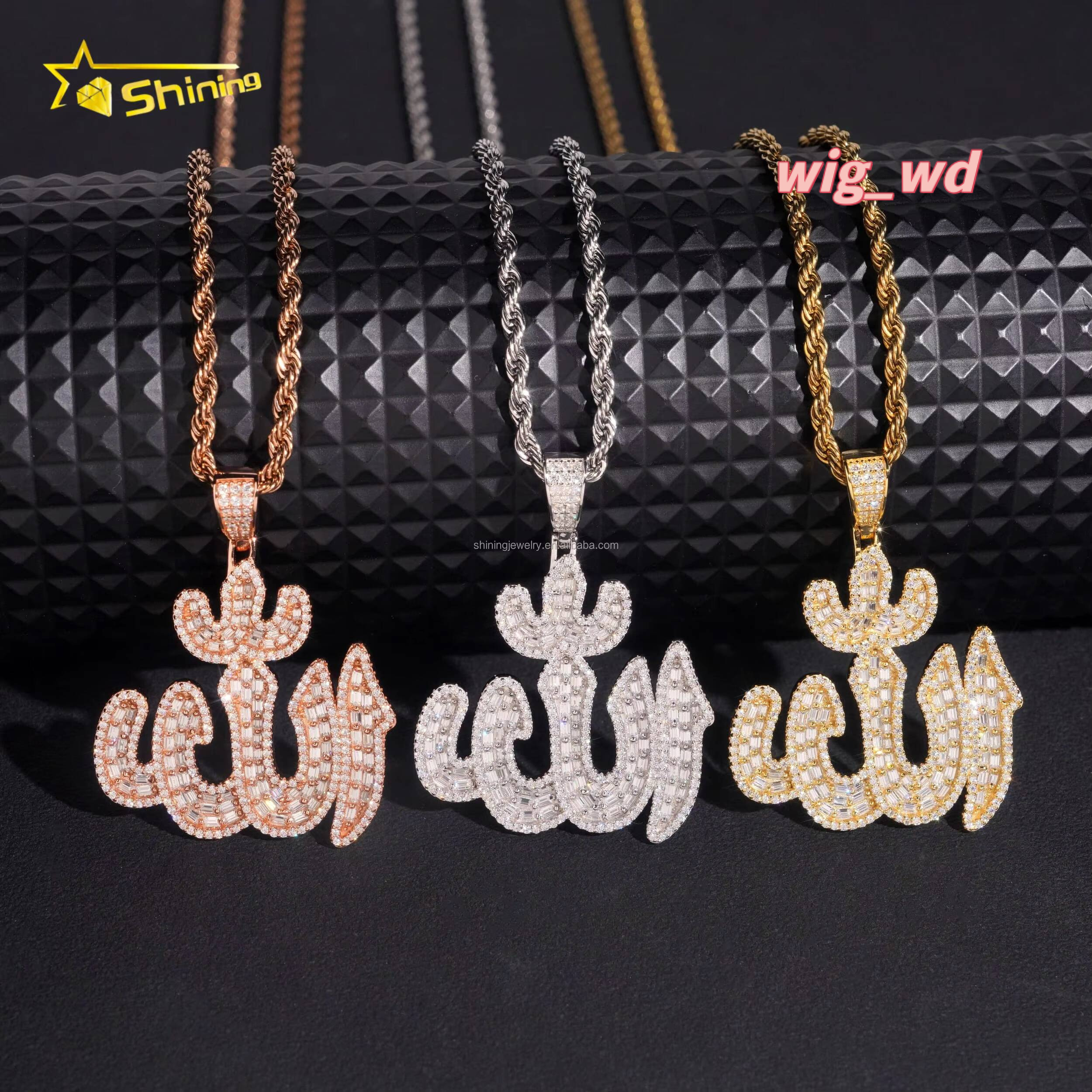 GRA Certificate Pass Tester Hip Hop Religious Jewelry VVS Baguette Moissanite Diamond S925 Silver Iced Out Allah Pendant