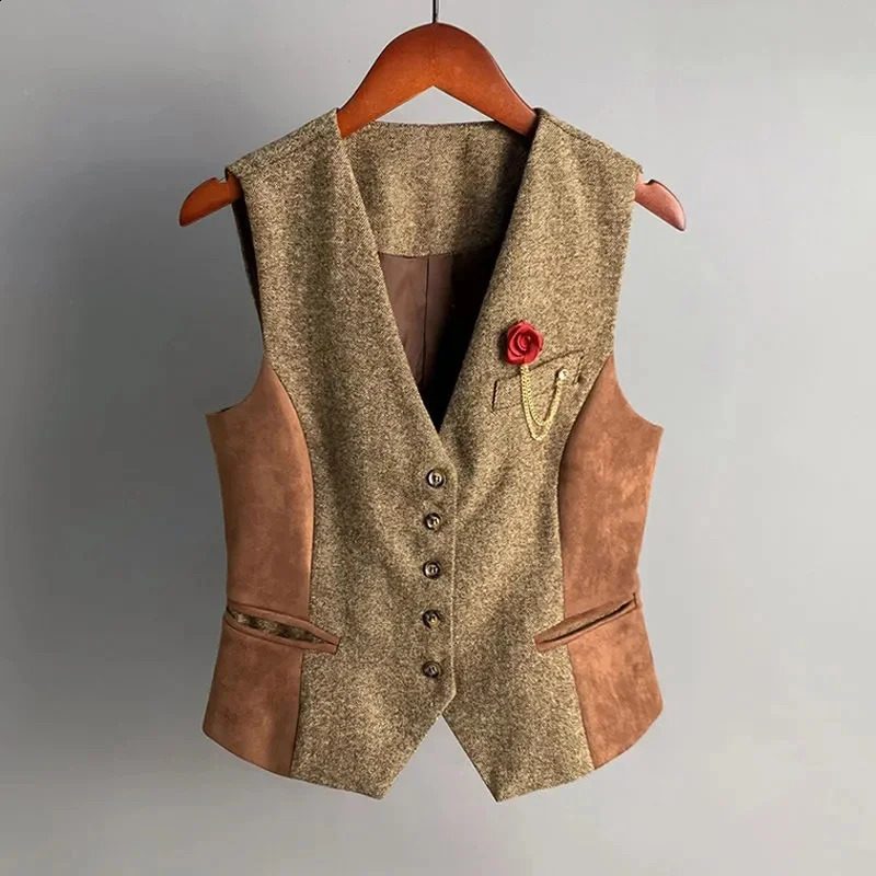 2025 Fashion Spring Autumn Suede Spliced Woolen Vest Womens Short Waistcoat V-neck Sleeveless Jacket Lady Casual Tops Slim Coat 260624BJ