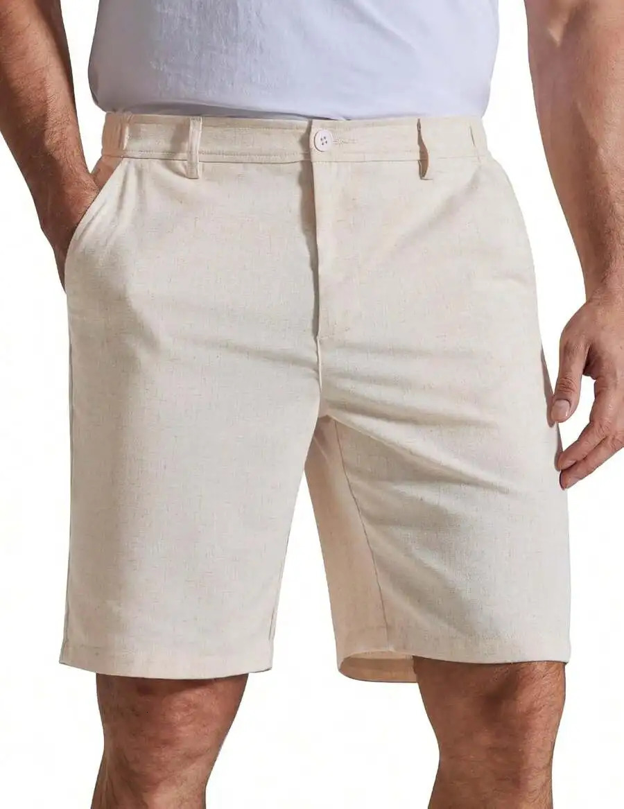Mens Casual Linen Shorts 9 Inch Straight Leg Elastic Waist Lightweight Summer With Pockets 260624