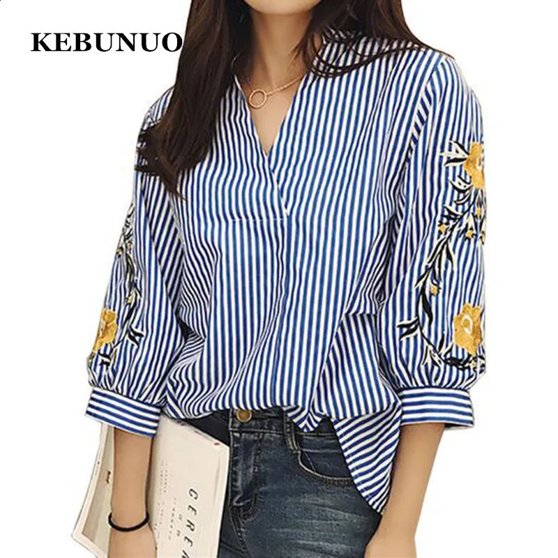 Women Embroidery Floral Casual Striped White Blouses and Shirts Female Three Quarter Sleeve Loose Tops Fashion V-Neck Blusas 260625