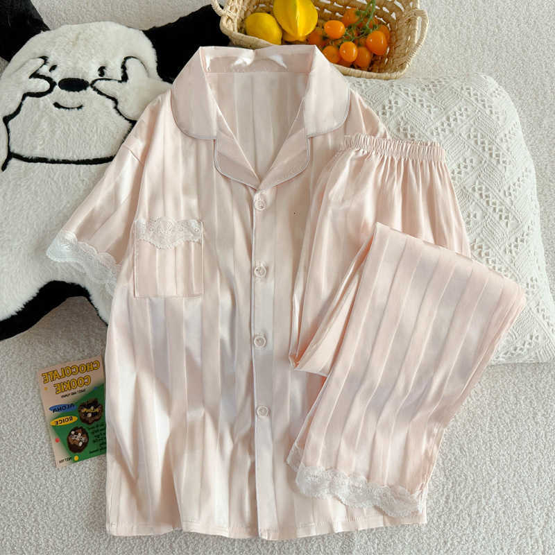 Set New Pajamas Arrival Womens Summer Ice Silk Premium Lightweight Short-Sleeve Top and Long Pants Homewear Summer Set M260625