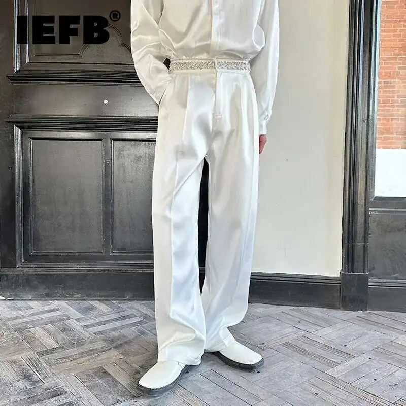 IEFB Pearl Diamond Mens Suit Pants NICHE Satin Solid Color Casual Pleated Straight Wide Leg MALE Trousers 9W751 260624