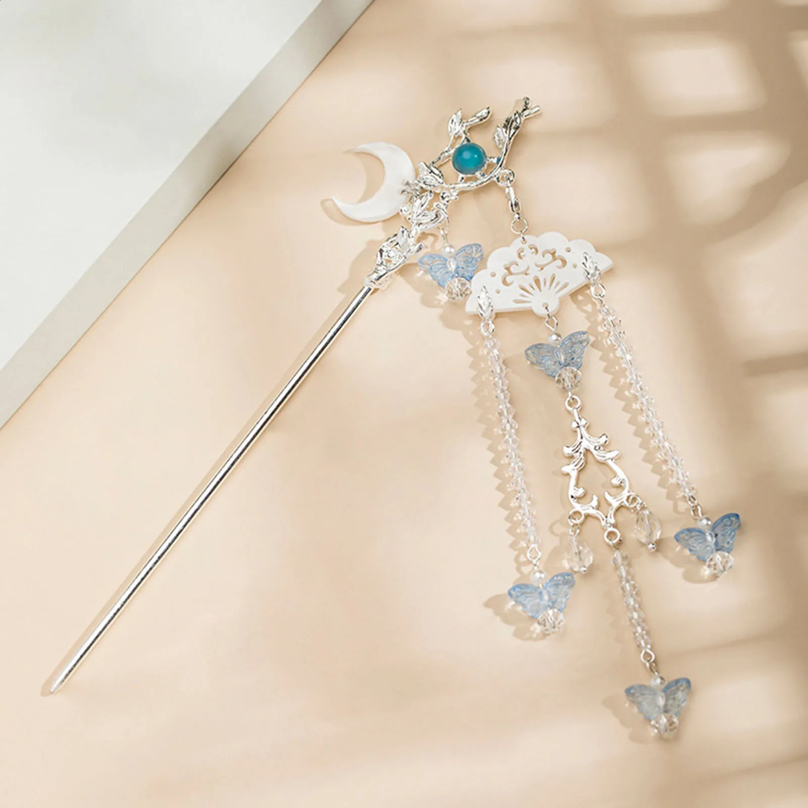 Retro Chinese Style Hair Pin Silver Color Alloy Hair Sticks Forks Blue Butterfly Moon ns Crystal Beads Pendant Hair Jewelry 260625