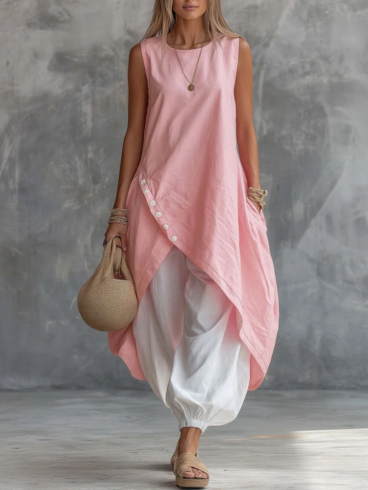 Casual Women Summer 2PCS Matching Set ONeck Irregular Long Shirt Dress And Solid Harem Pants Pocket Ladies Outfit Streetwear 260625