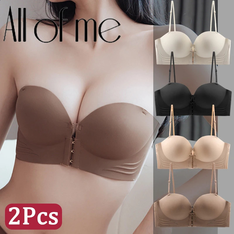 2Pcs/Set Front Closure Sexy Push Up Bra Women Invisible Bras Underwear Lingerie For Female Brassiere Strapless Seamless Bralette260624