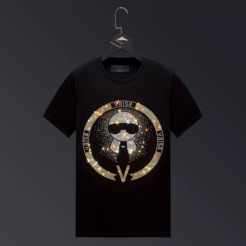 European Fashion Brand 2025 Summer New Light Luxury Rhinestone Letter Print Top For Young Men, Round-Neck Short-Sleeve T-Shirt Men Round-Neck Pullov