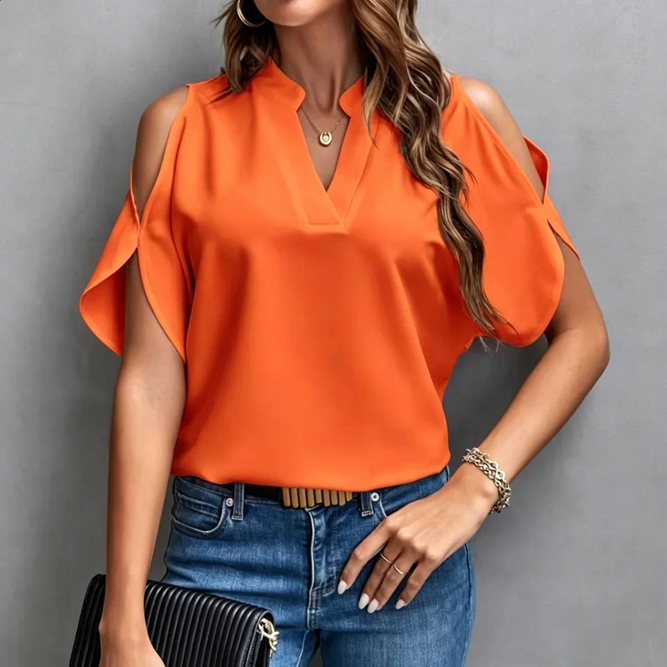 Elegant V-Neck Womens Short-Sleeve Shirt - Solid Color Notched Collar Loose European American Style Versatile Top 260625