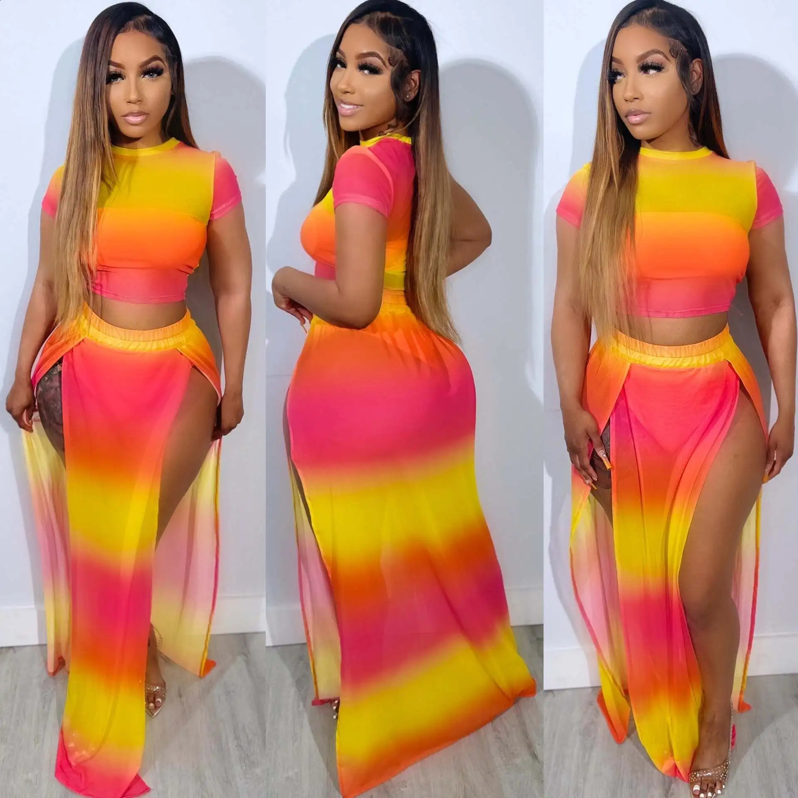 Sexy Womens Set Printed Short Sleeved Gradient Contrasting Slit Long Skirt Twopiece for Summer 260625