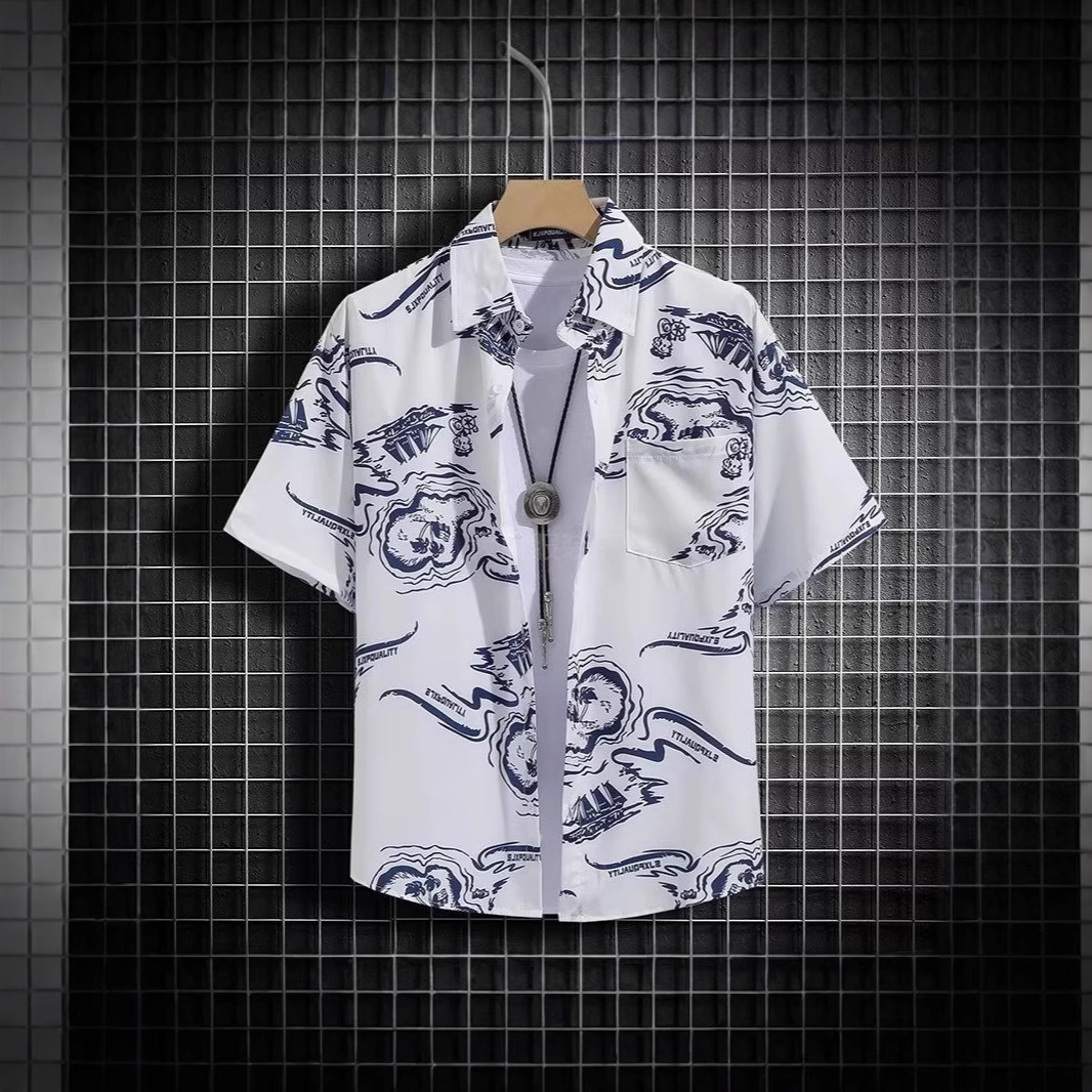 2026 New Short For Men, Ice Silk Breathable Summer Korean Style Trendy Printed Half Sleeve Shirt