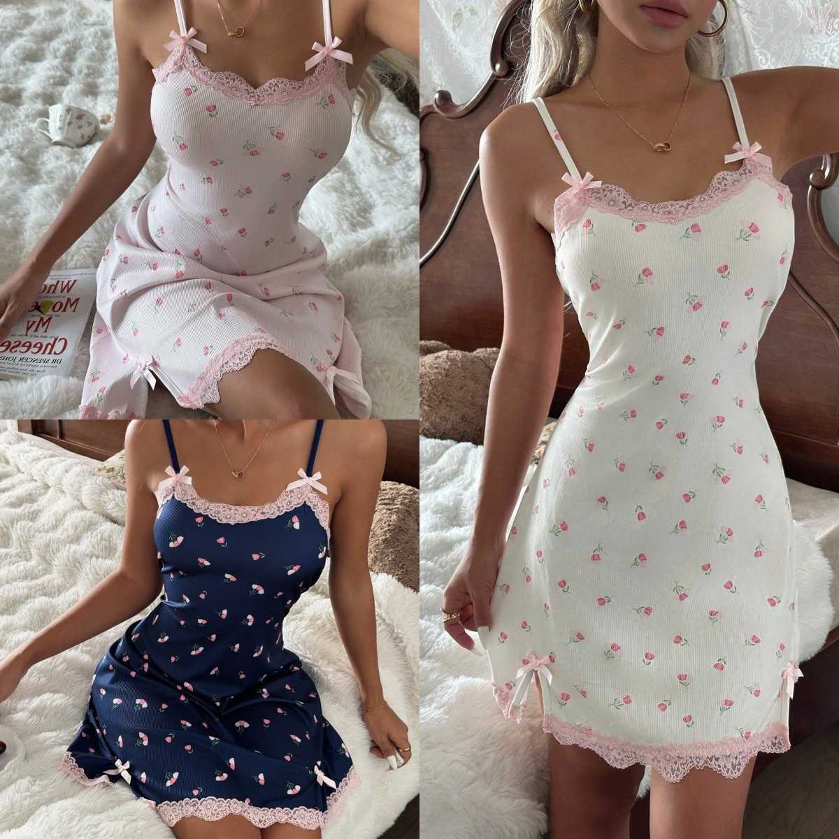 Camisole New Womens American-Style Summer Nightdress Dress with Lace and Floral Patchwork Plus Size Sleepwear Dress M260625
