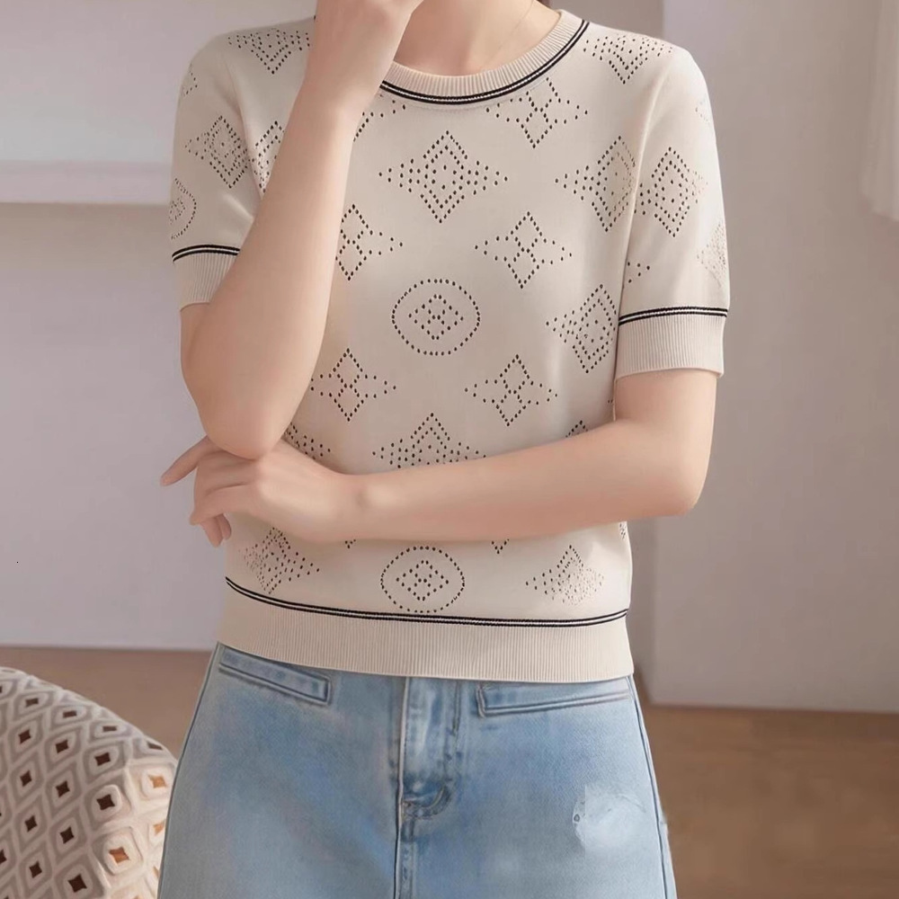 Pure Cotton Hollow Short-Sleeved Ladies Spring And Summer Loose Slim New Joker Knit Bottoming T-Shirt