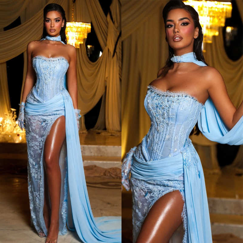 Elegant Blue Lace Evening Dress High Slit Sequin Mesh Gown Luxury Red Carpet Prom Formal Party Guest Dress Plus Size