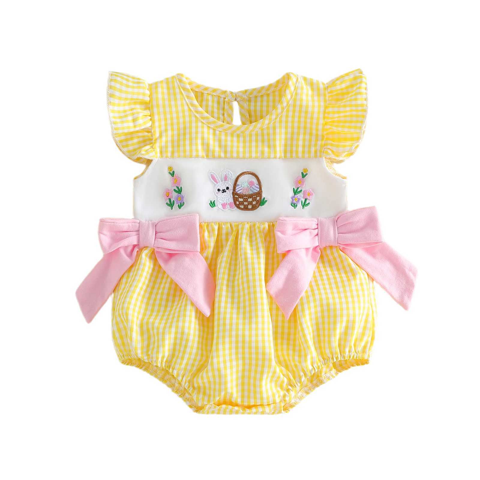 0-18M Newborn Infant Baby Girl Easter Romper Flying Sleeve Crew Neck Cute Bunny Embroidery Plaid Print Bow Decor Jumpsuit Y2606250225