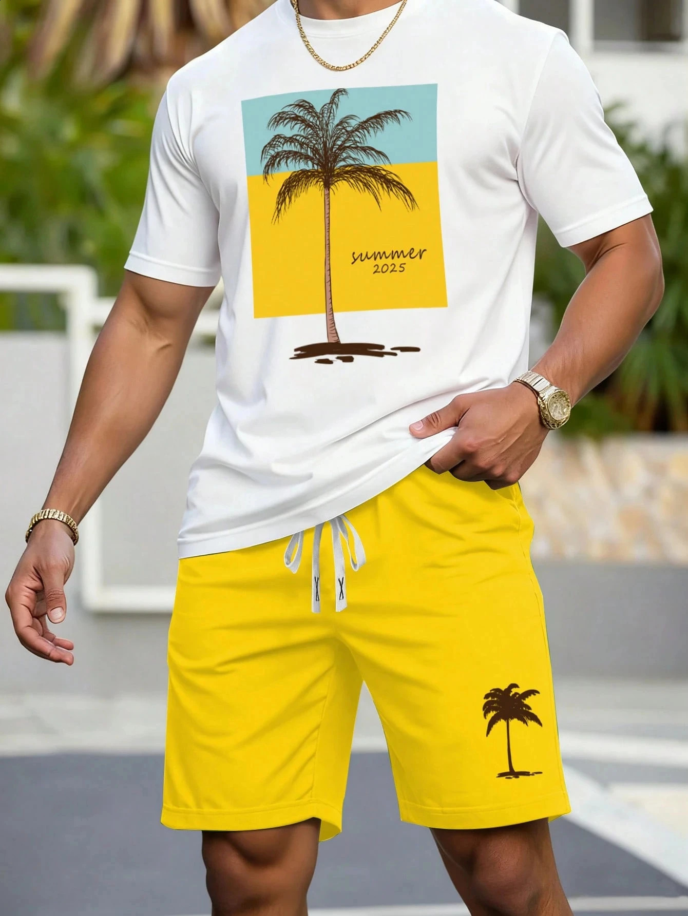 2026 Coconut Tree Print Mens ShortSleeve TShirt and Shorts Set Hawaiian Men Summer Casual Outdoor Beach 260625