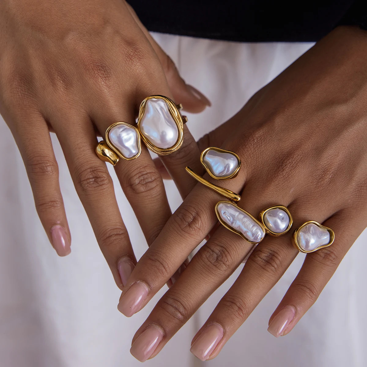 Uworld Simple and Elegant 18K Gold Color Plated Stainless Steel Baroque Shaped Pearl Asymmetric Ring Stackable Pearl Ring Women 260623