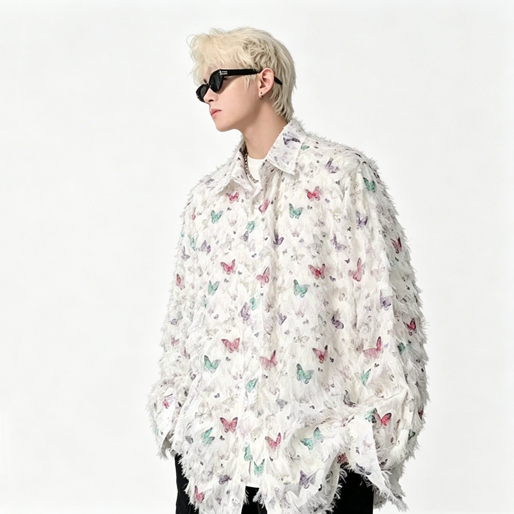 Men's Loose Long Sleeve Butterfly Print Tassel Shirt Casual Oversize Streetwear Blouse for Singer Stage Performance Party Club