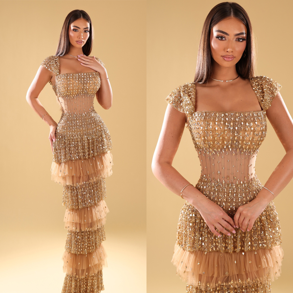 Luxury Prom Dresses Crystal Beading Mermaid Illusion Tiered Celebrity Evening Dresses Sleeveless Party Gown Vestidos De Noche Customized Plus Size