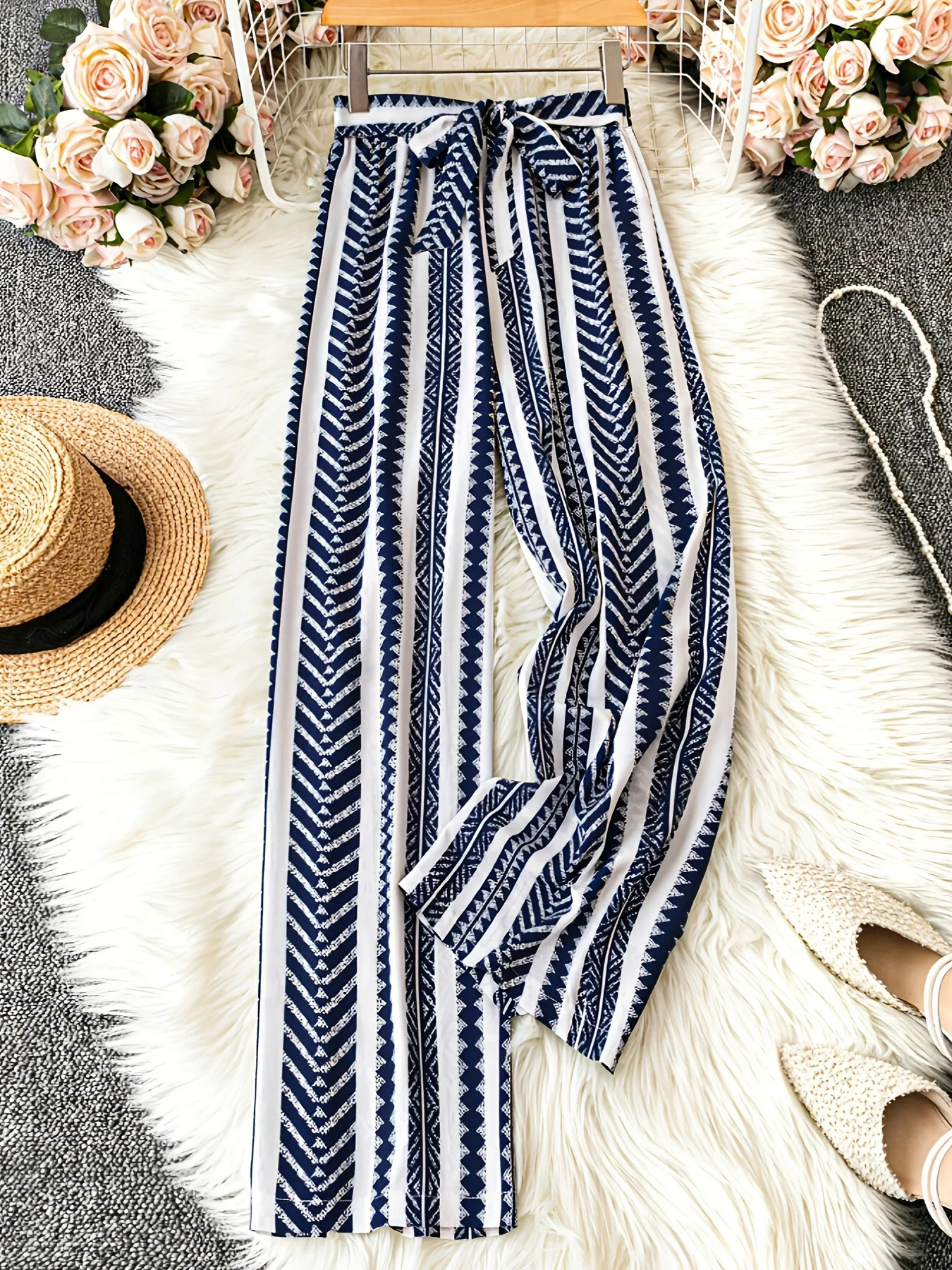 Bohemian style casual elegant printed elastic high waisted slimming womens loose wide leg beach pants long 260624
