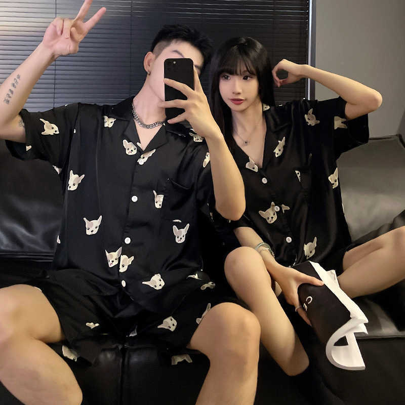 Summer Ice Silk Cardigan Cartoon Pajamas for Couples Women and Men Matching Sleepwear Short Sleeves Sleeping Top Shorts Pijamas M260625