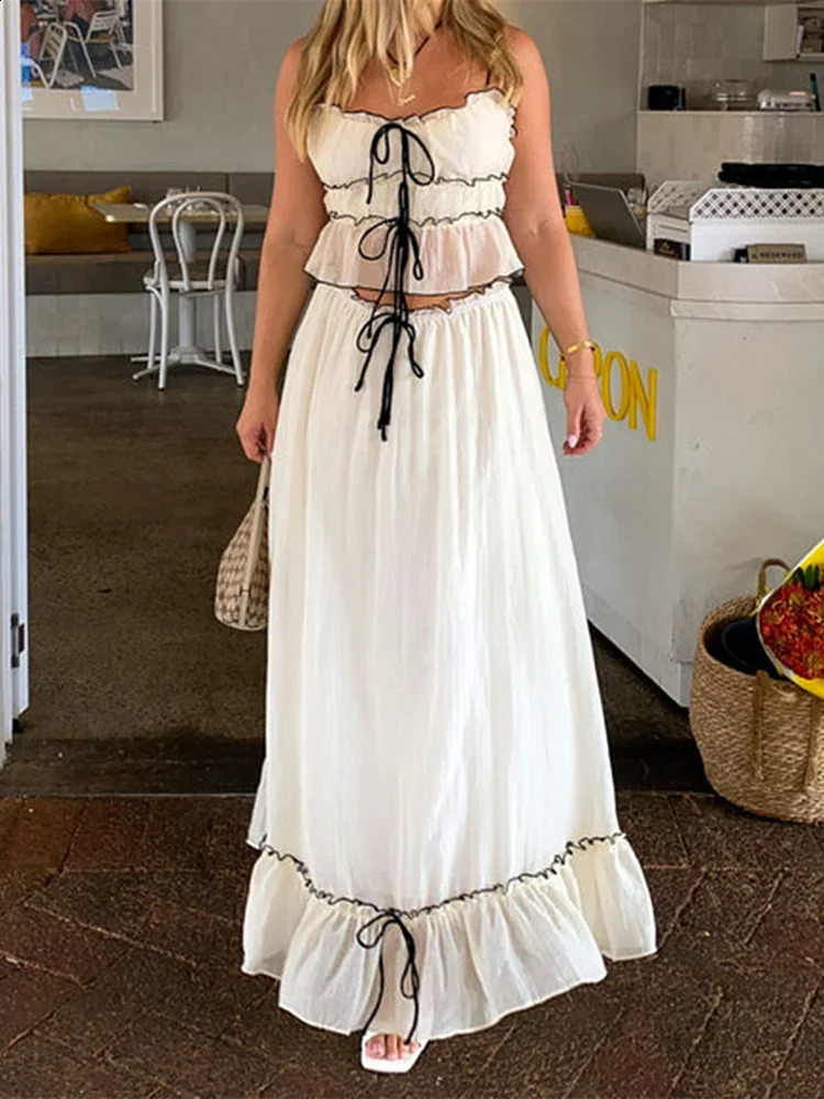 2 Piece Sets Women Summer Skirts Outfits Spaghetti Strap Tie-Up Cami Tops Ruffle Long Skirts Bohemian Casual Sexy 2Pcs Sets 260618