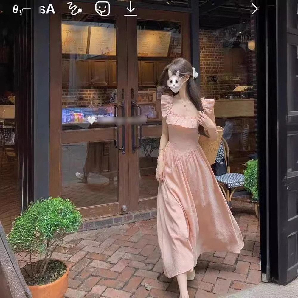 Q0455 French ruffle edge small flying sleeve chiffon dress for women's spring and summer new Korean square collar temperament pink long skirt