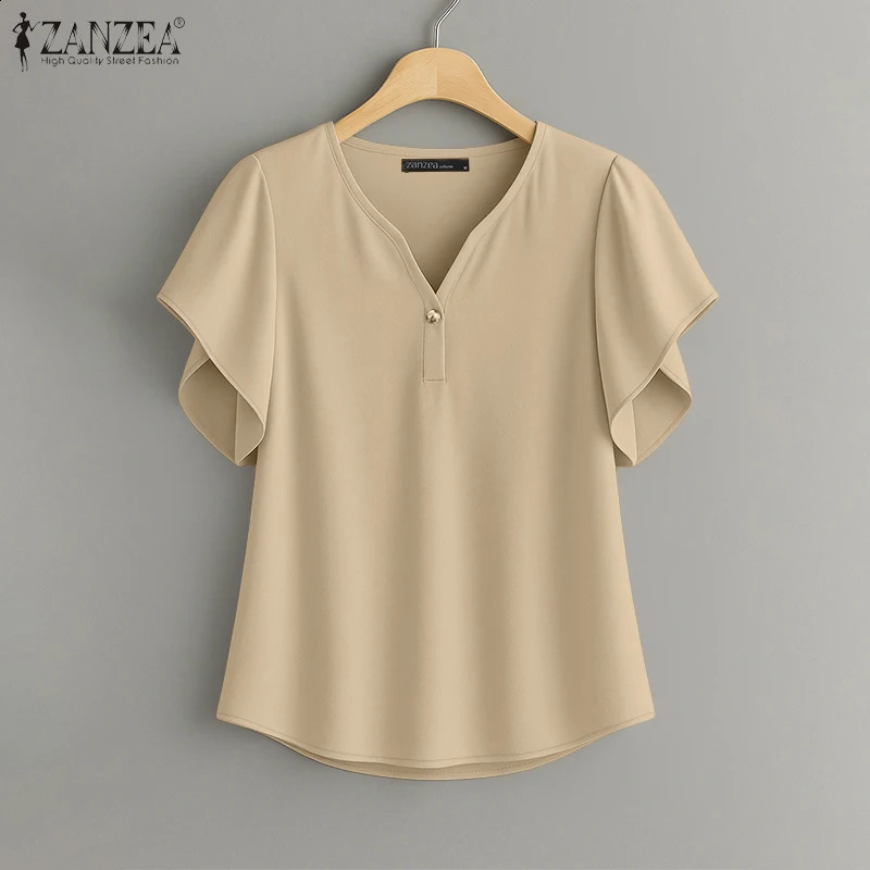 2026 ZANZEA Summer Blouse Women Elegant V Neck Short Sleeve Tops Solid OL Office Shirt Stylish Holiday Blusas Oversize 260625