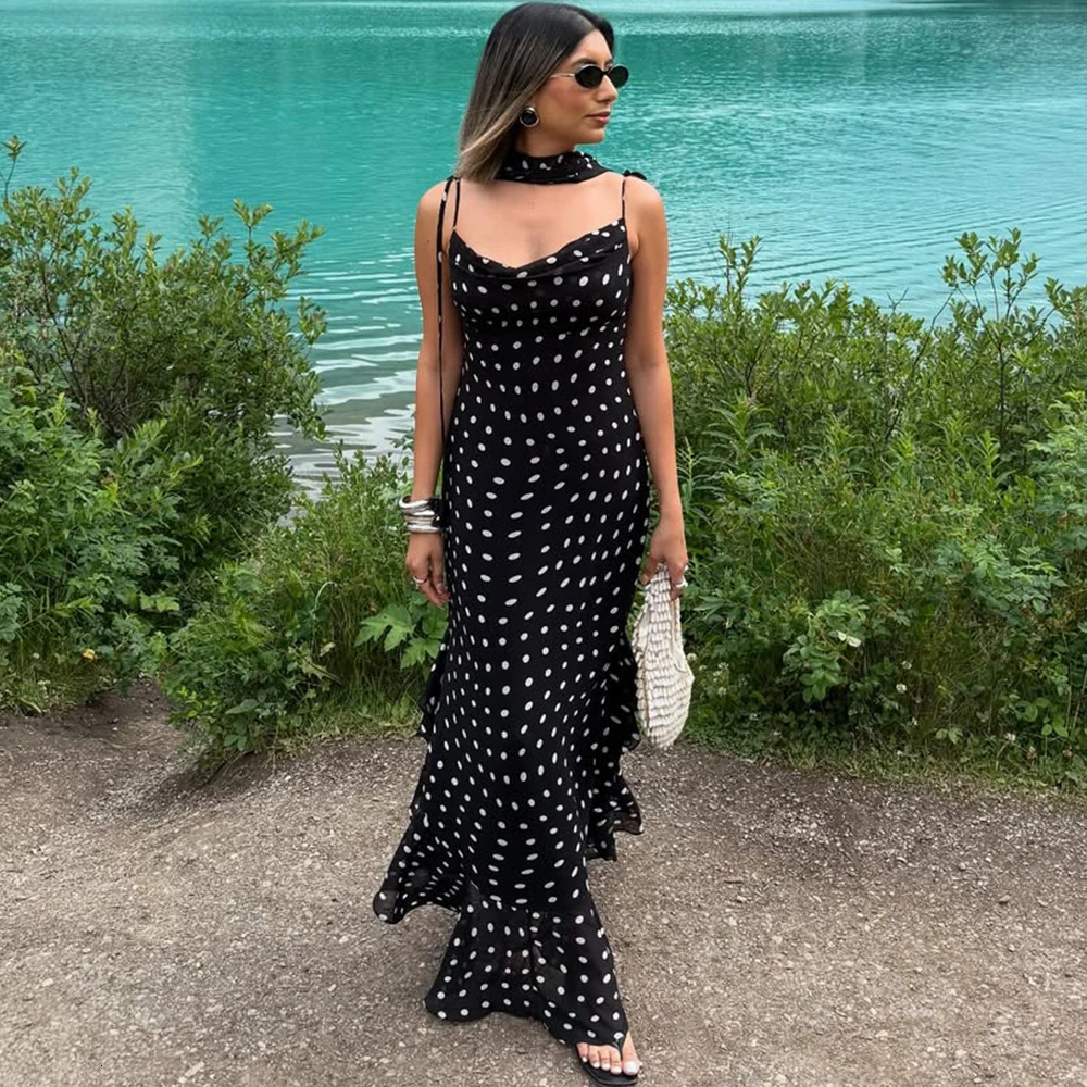 Tuularose Elegant Polka Dot Long Dress Summer Scarf Ribbon Ruffle Halter Pleated Dress Sleeveless Womens Evening Dresses 260624