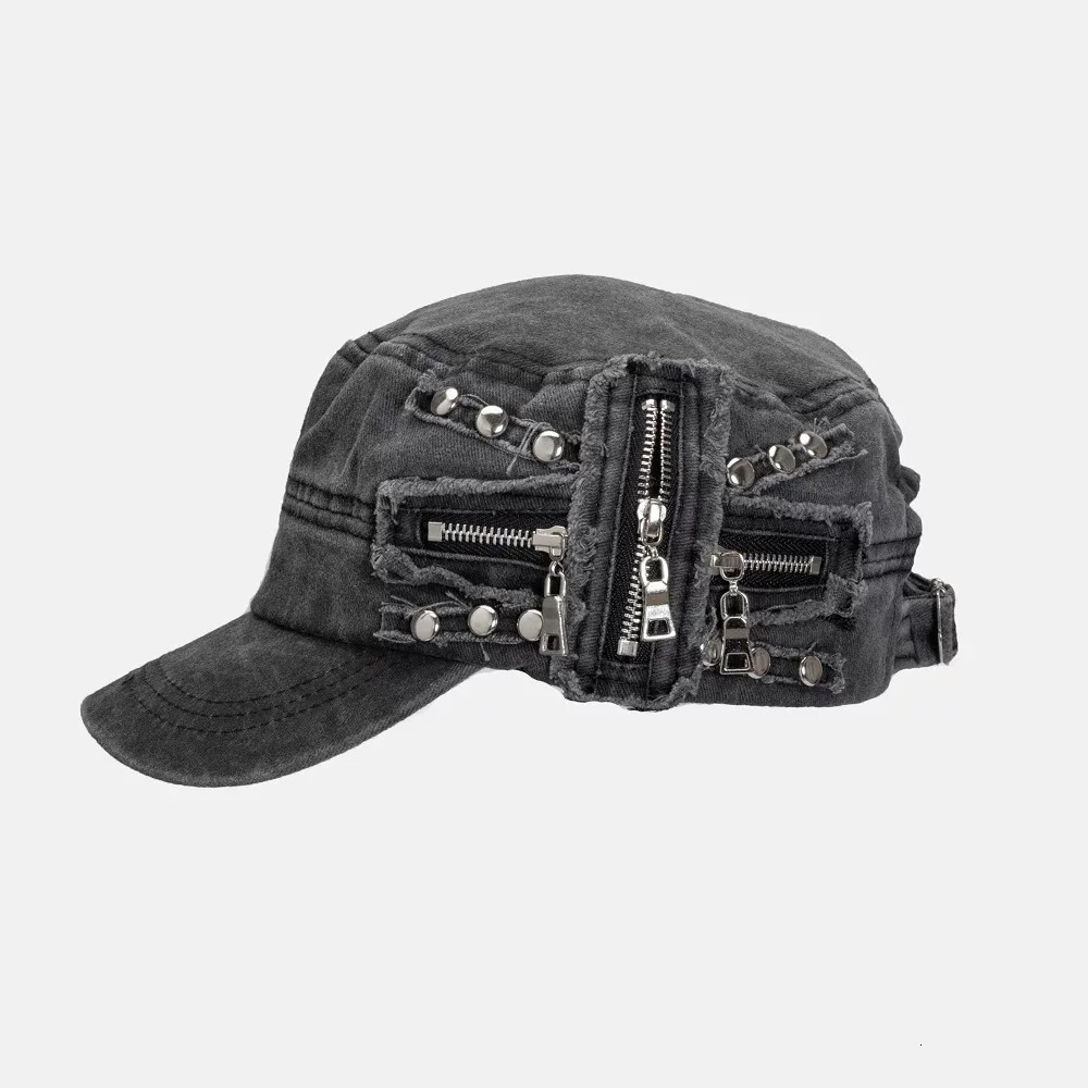 Berretto da baseball con cerniera hip-hop punk vintage rivetto uomo donna berretto piatto retrò con foro strappato lavato 260624