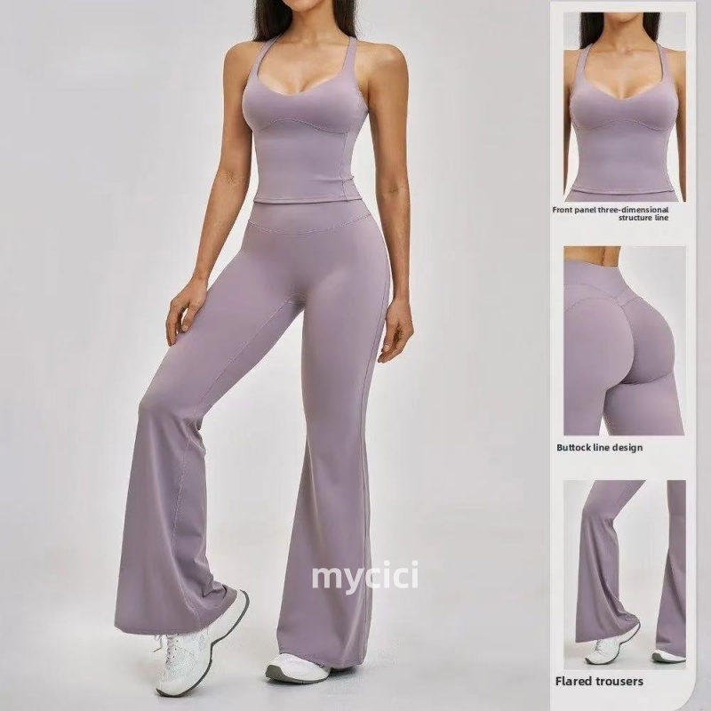 A2546 Women's Crisscross Back Flare Yoga Set: Built-in Bra Tank Top High Waist Booty Lift Flare Pants Suit