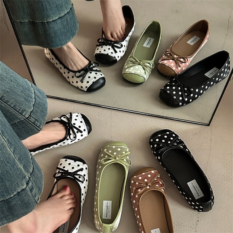 Spring Butterfly-knot Women Dot Ballet Flats Comfort Square Toe Slip On Shoes Ladies Eelgant Soft Sole Dress Mary Jane Shoes 260624