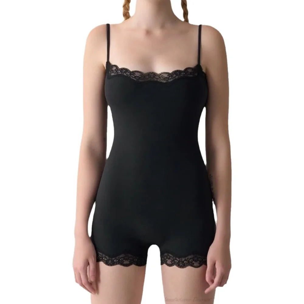 Double Layer Lace Trim Bodysuit Solid Color Lace Trim Spaghetti Strap Bodysuit Sleeveless Stretchy Slimming Bodysuit Women Wear 260624