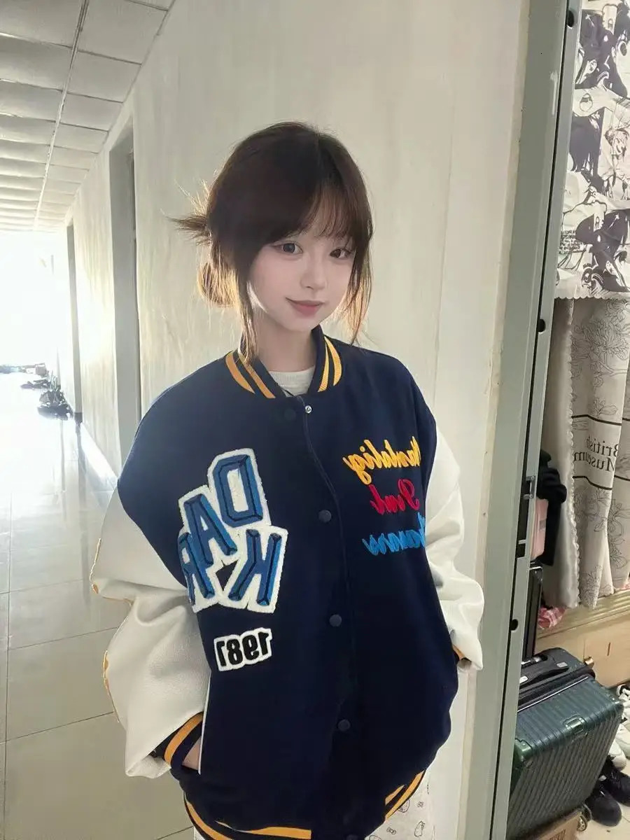 Baseball Jackets Oversized Womens Spring Textured LongSleeved Classic Slimming Sequined Anorak Kpop Outwears Camping Overlong 260624