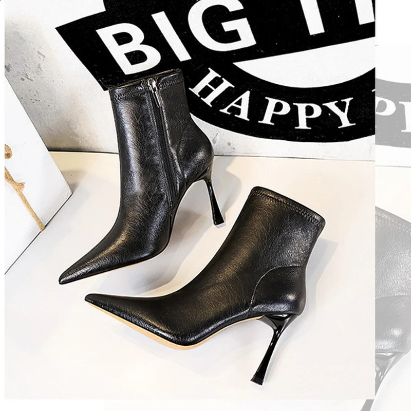 BIGTREE Autumn Winter Soft Leather Boots Pointed Toe Thin Heels Zipper Women Ankle Shoes Zapatillas De Mujer 260616