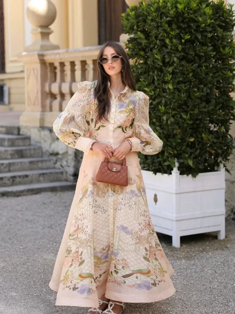 Floral Print HighNeck ButtonFront LongSleeve Maxi Dress ALine Flared Hem 2026 Spring Summer Elegant Women Gala Evening Gown 260625