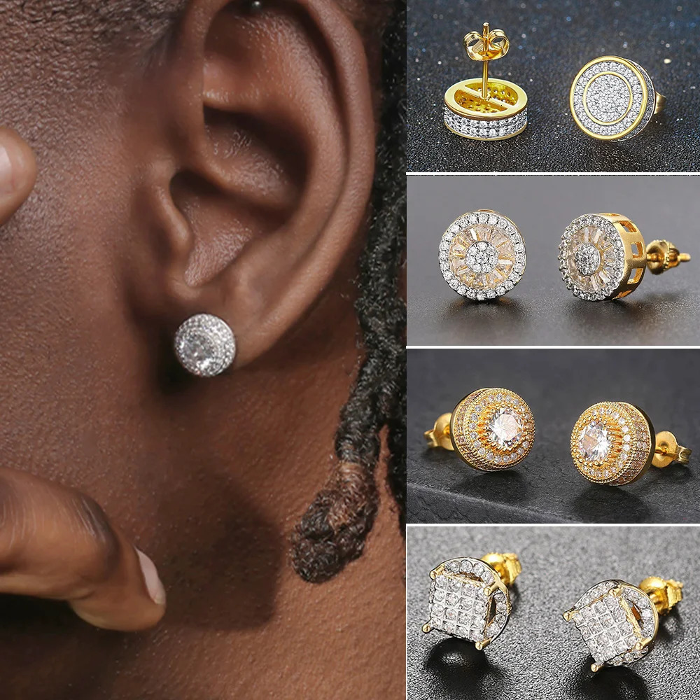 Fashion Hip-hop Ice Studded Earring for Men Gold Color Hiphop Round Iced Out Zircon Piercing Ear Accessories Personality Jewelry 260624