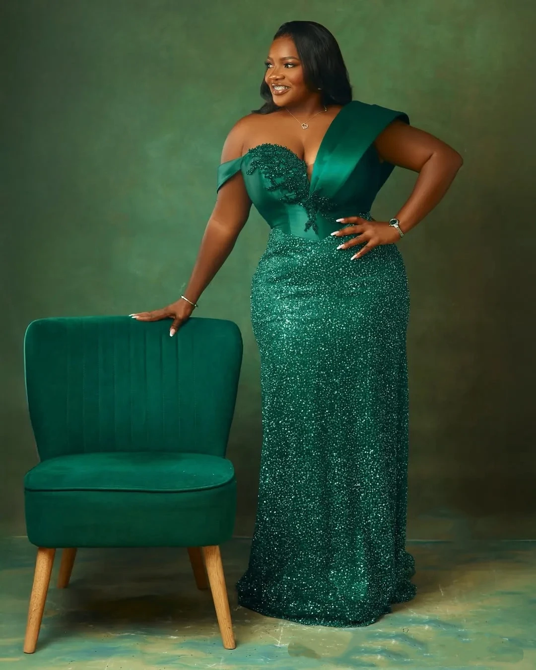 Luxury Aso Ebi Mermaid Prom Pageant Dress 2027 V-neck Sleeveless Lace Beads Sequins Satin Green Birthday Evening Formal Party Gowns vestidos de noch