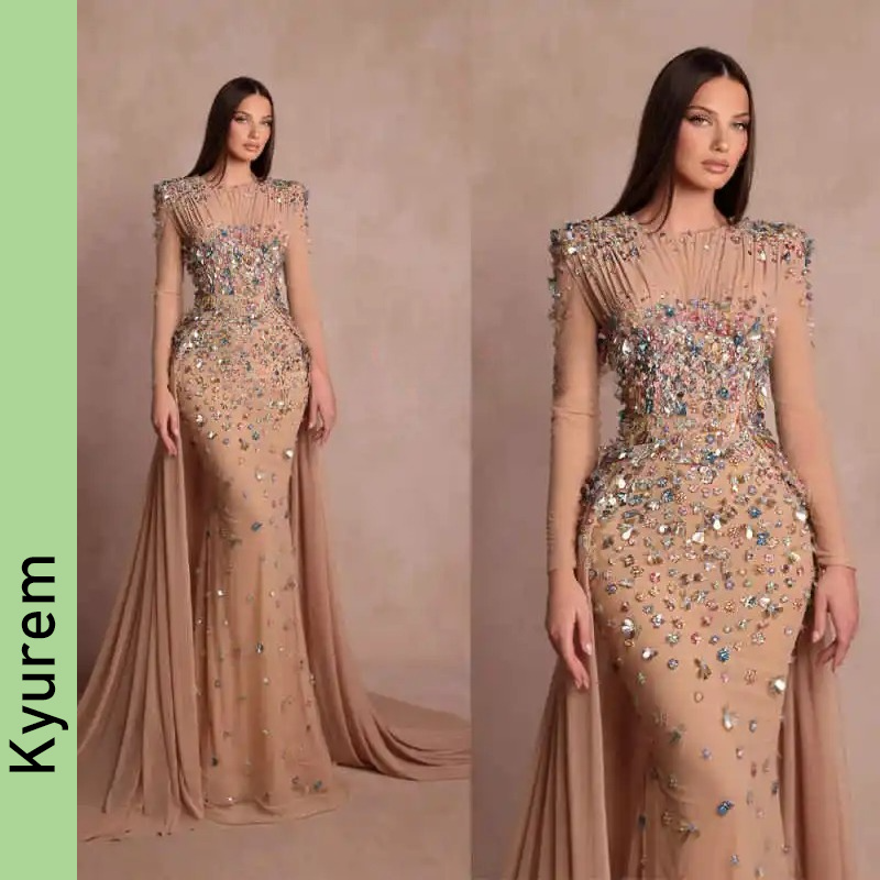 exquisite mermaid evening dresses handmade crystal o neck prom party gowns luxury long sleeve floorlength custom made color size robe de soiree