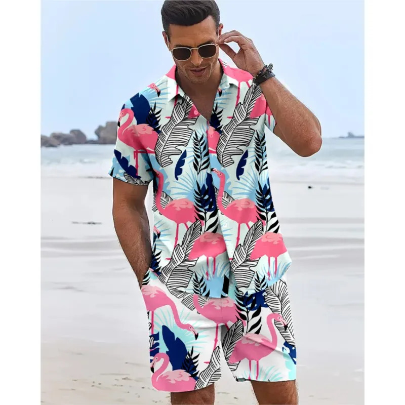 2025 3D Flamingo Printed Mens Shirts Hawaiian Beach Vacation Short Sleeve Shorts 2 Piece Summer Hip Hop Trend Fashion Men Sets 260624